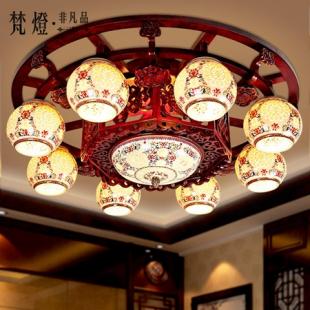 中式陶瓷灯具橡木客厅吸顶灯圆形卧室我国风景德镇灯饰灯具